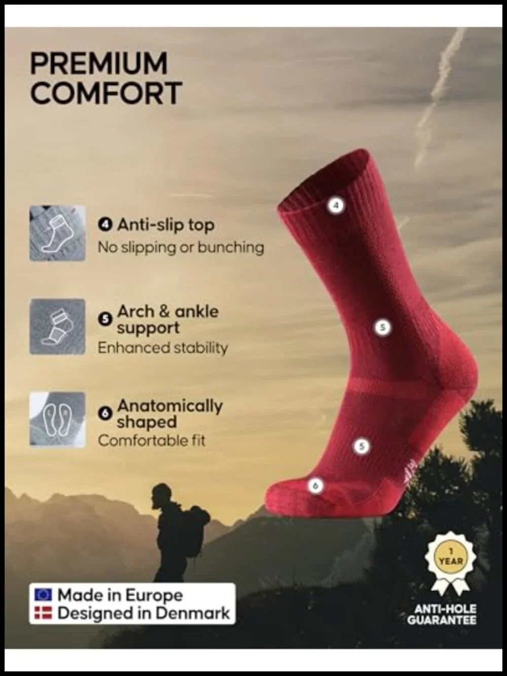 Merino Wool Hiking Socks Anti-Blister Cushioned 3 Pack